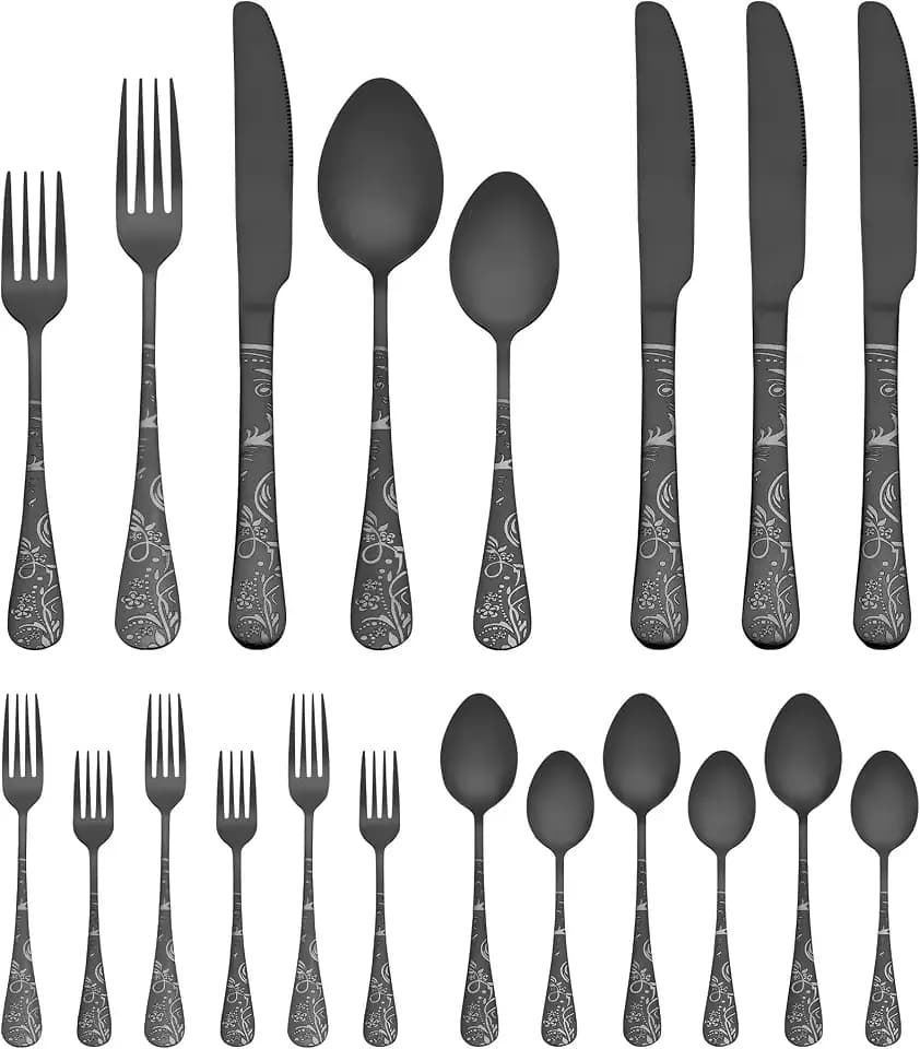 20 Piece Silverware Set, Stainless Steel Floral Flatware Set for 4, Modern Cutlery Set Includes Dinner Knife, Fork, Spoon 20Pcs Black