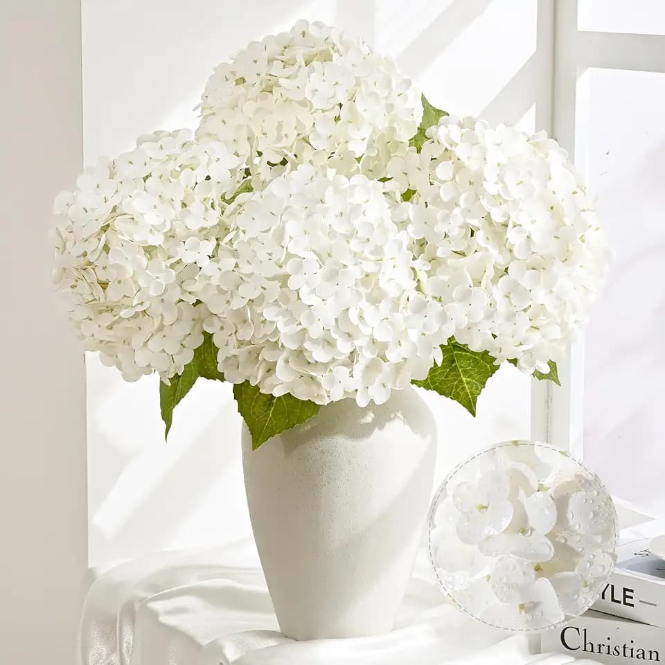 Livole 3 Pcs Hydrangea Artificial Flowers Real Touch Latex Hydrangea, White