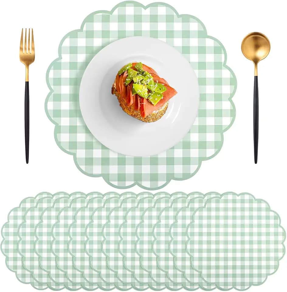 60 Pcs Sage Green Gingham Paper Placemats, Scalloped Checkered Place Mats