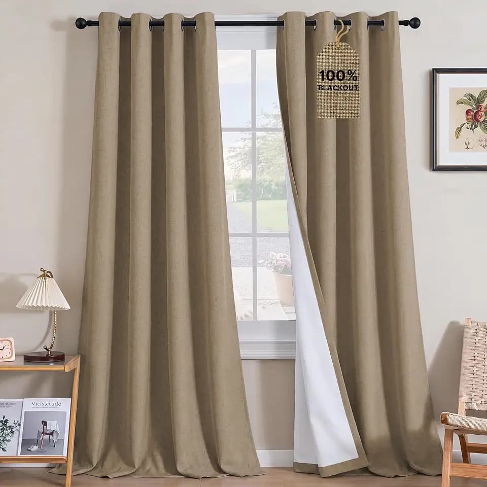 H.VERSAILTEX 100% Blackout Linen Curtains 120" L Heathered Macchiato
