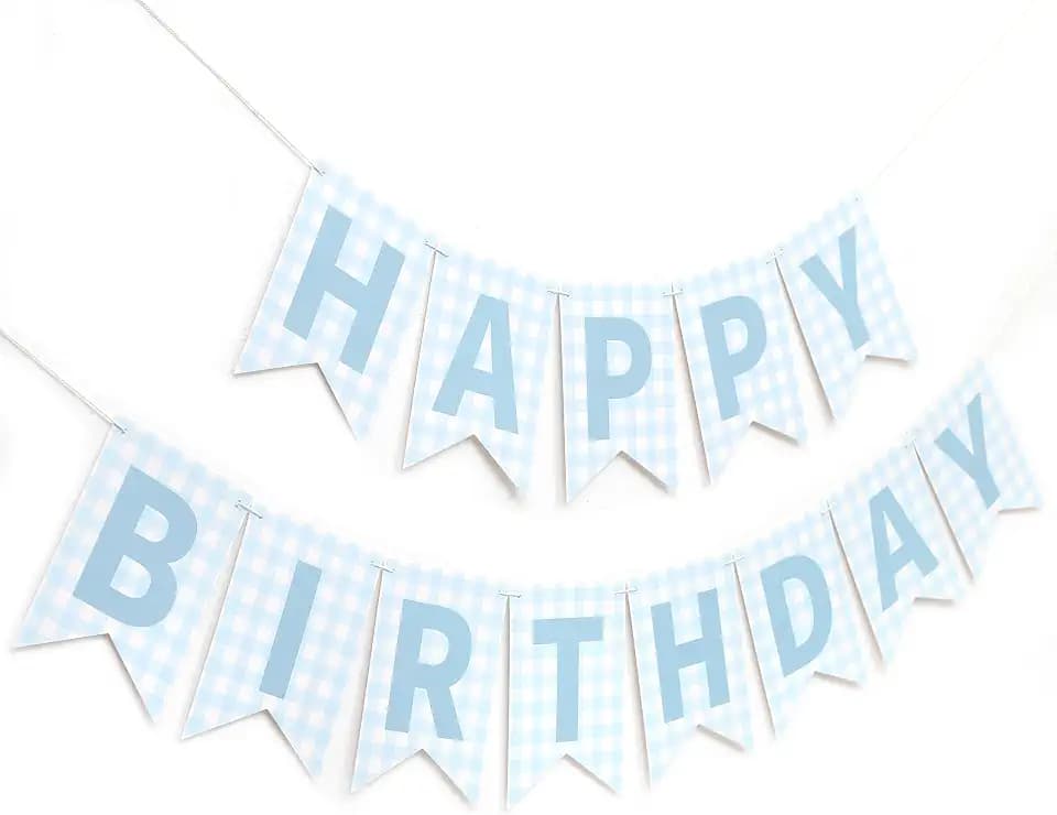 Blue Gingham Happy Birthday Banner,Blue Gingham First Paty Decoration