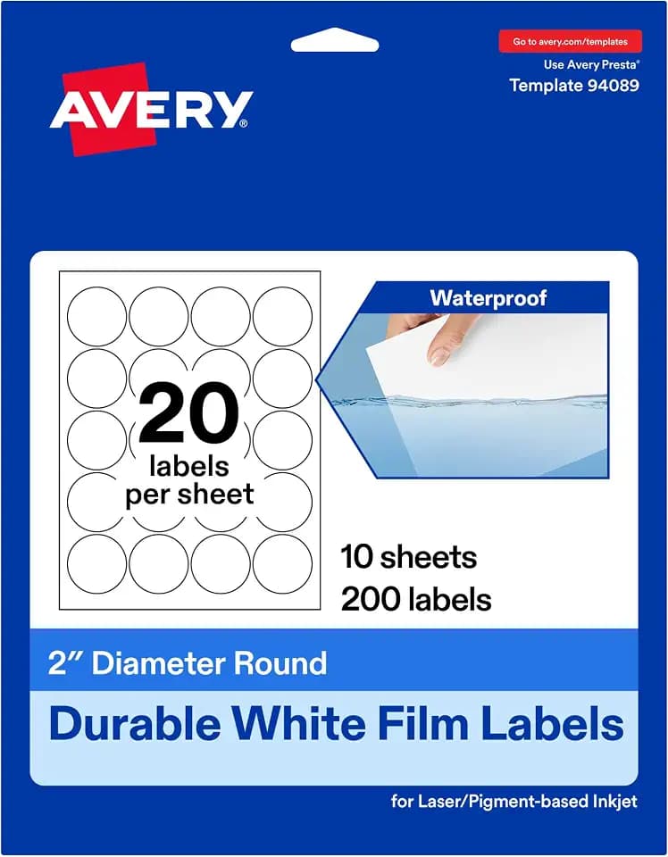 Avery Durable White Round Waterproof Labels, 2" Diameter, Laser/Pigment-Based Inkjet Printer Compatible, 200 Printable Labels Total, Great for Branding, Packaging, and More