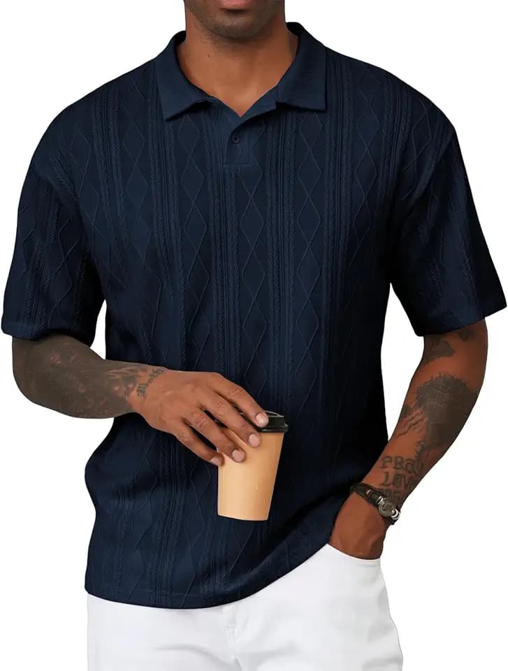 JMIERR Mens Polo Shirt Textured Knit Button Casual Short Sleeve Summer Vacation Beach Stretchy Golf Shirts