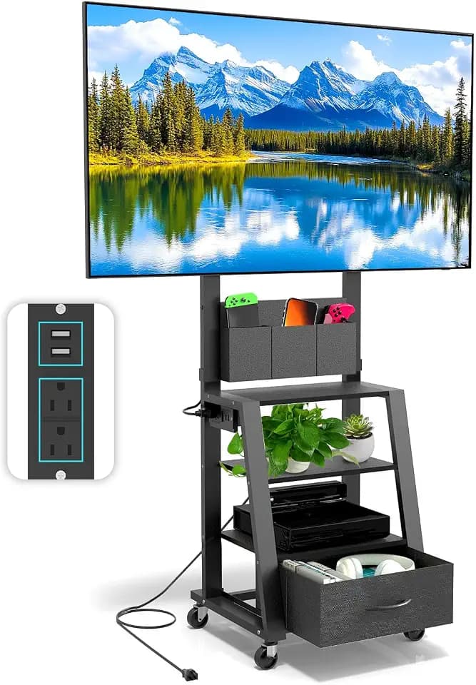 Rolling TV Stand with Power Outlet & 4-Tier Storage for 23"-60" Flat/Curved Screen up to 160lbs LCD/LED/OLED Adjustable Height Mobile TV Cart for Home Office Outdoor Max VESA 400x400mm Black