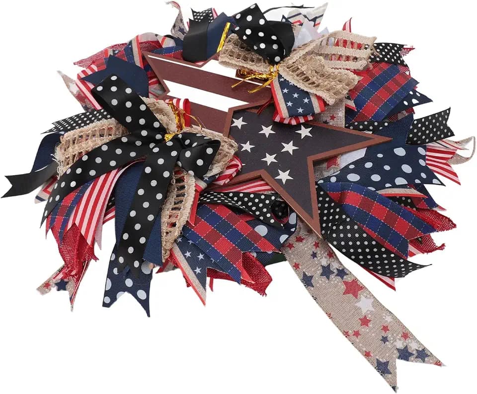 Generic Patriotic Independence Day Wreath Handcrafted Red White Blue Memorial Day Pride Garland Front Door Porch Decoration Plastic Wood Cloth 35 x 35cm