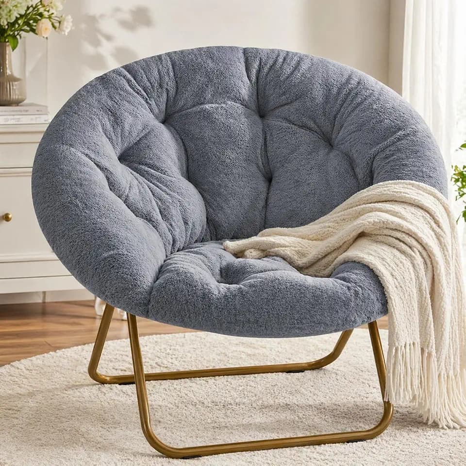 Simple Deluxe Cozy Chair, Faux Fur Saucer Chair for Bedroom, Comfy Foldable Moon Chair, Round Fluffy Chair for Living Room, Fuzzy Saucer Chairs for Adults Room, Gray