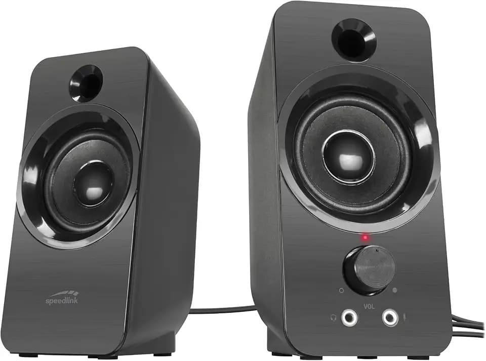 Speedlink DAROC Stereo PC Speaker - PC Lautsprecher mit Klinkenstecker 3,5mm AUX, 12Watt, USB Stromversorgung, Computer Boxen Klinke, Klein, Aktiv, für Desktop, Notebook, Laptop, schwarz