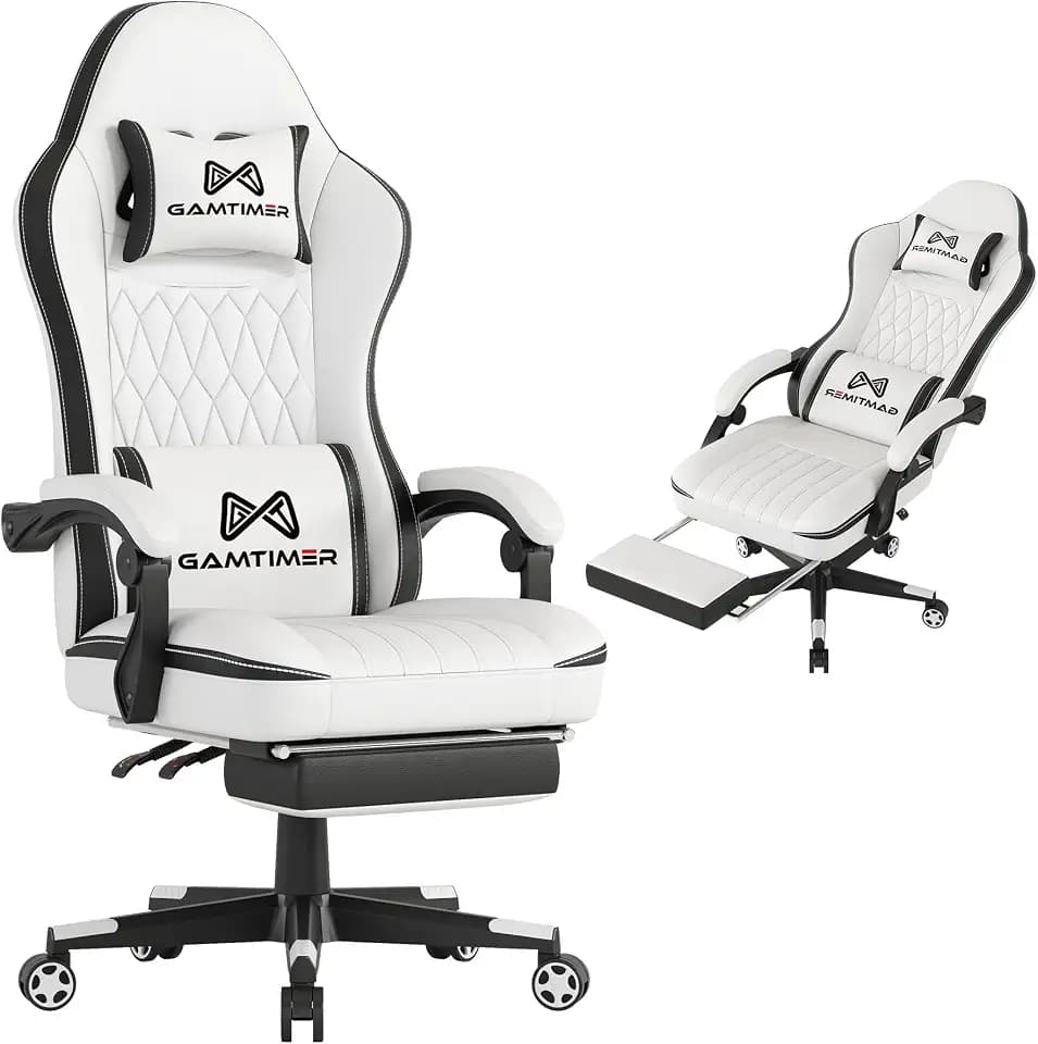 Gamtimer Gaming Chair with Footrest, Ergonomic Computer Chair, PU Breathable Material with Headrest and Lumbar Support, Suitable for Silla Gamer and Adults (White)