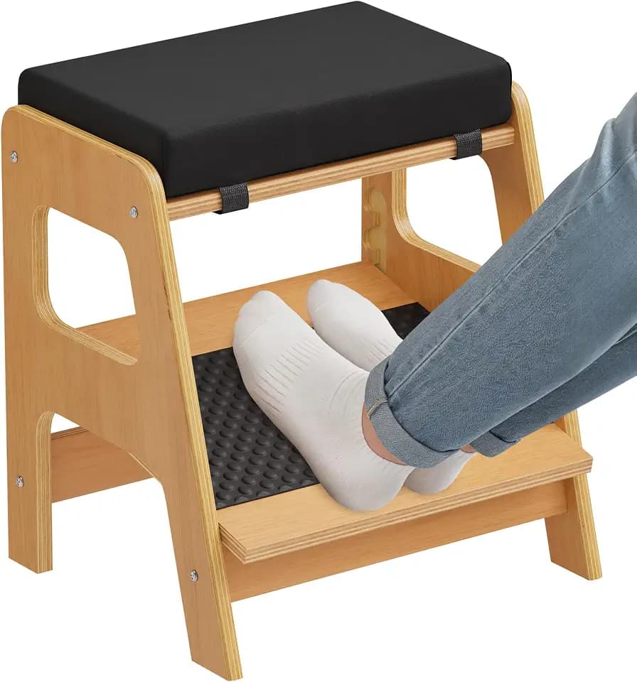 Adjustable Wooden Foot Rest, Double Step Footstool with 3 Height Levels
