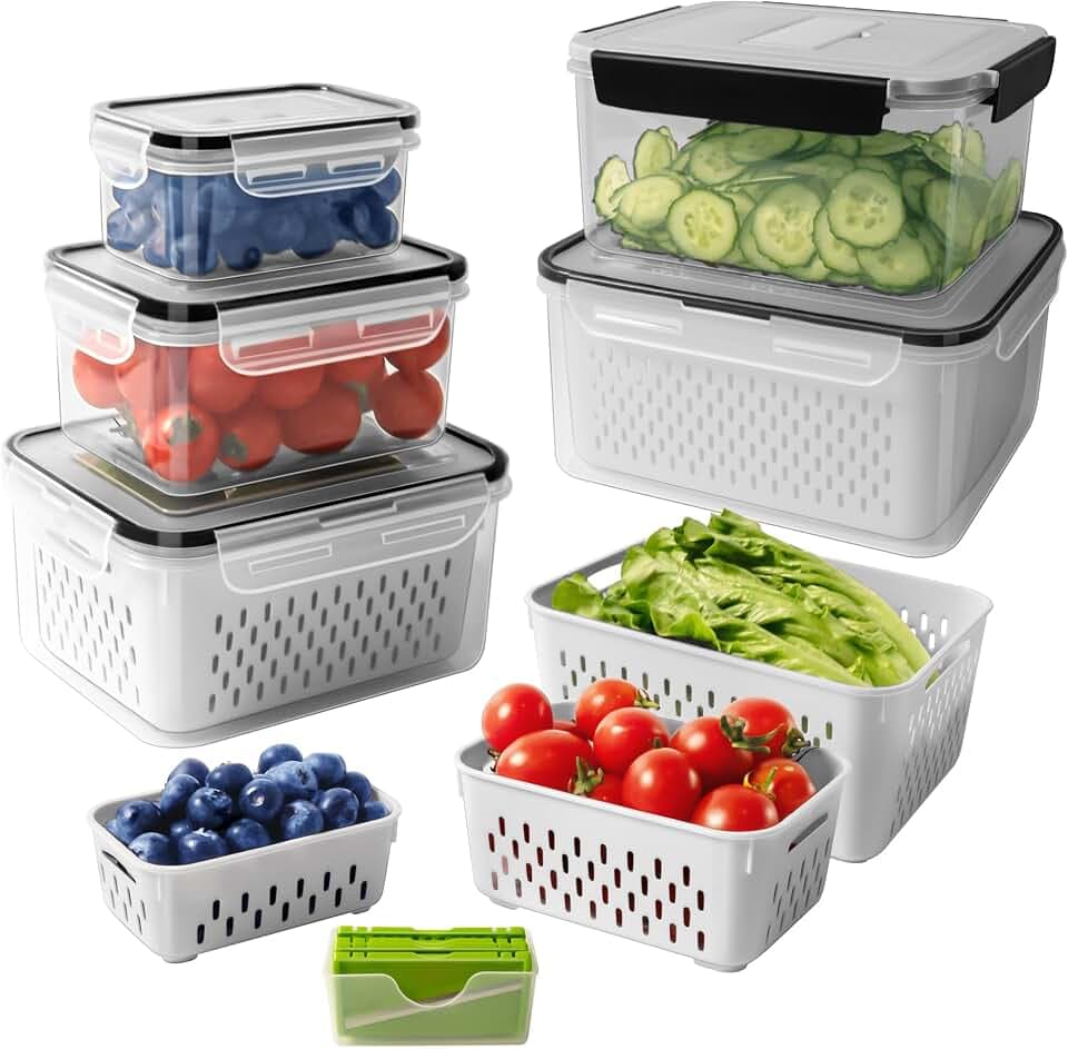 5 PCS Large Fruit storage Containers for Fridge with Colanders and Choppers