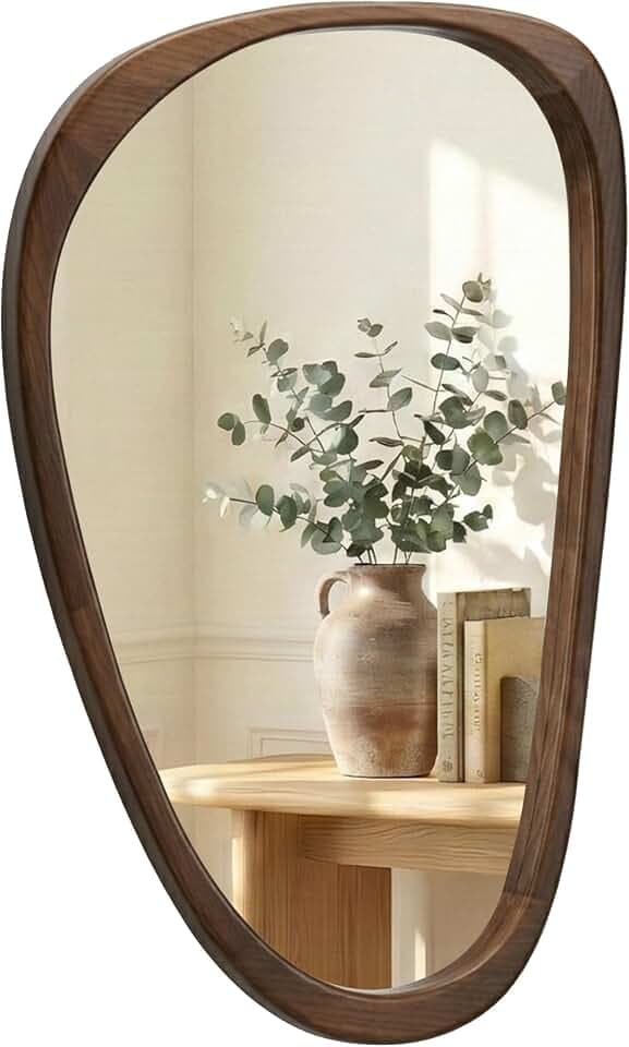 Solid Wood 30"x20" Dark Walnut Organic Irregular Wall Mirror Decor