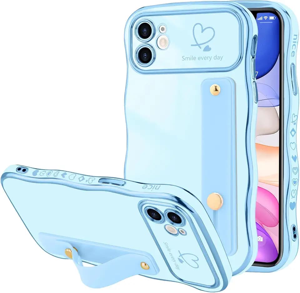 LLZ.COQUE for iPhone 11 Case with Strap Stand Wavy Frame, Baby Blue