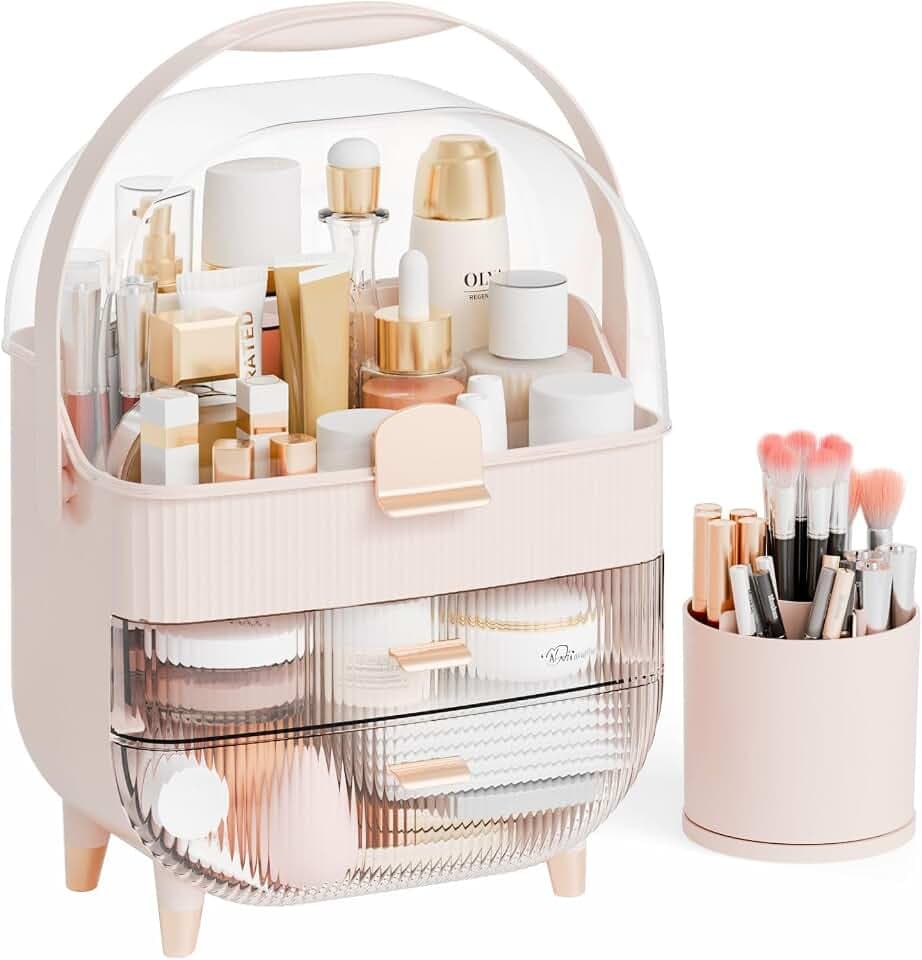 Yieach Countertop Makeup Organizer With Lid,Large Skincare Organizers With 2 Drawers,Dustproof Cosmetic Display Cases for Bathroom,Dresser,Lotion,Beauty,Skin Care Holder,Makeup Storage Organizer,Pink