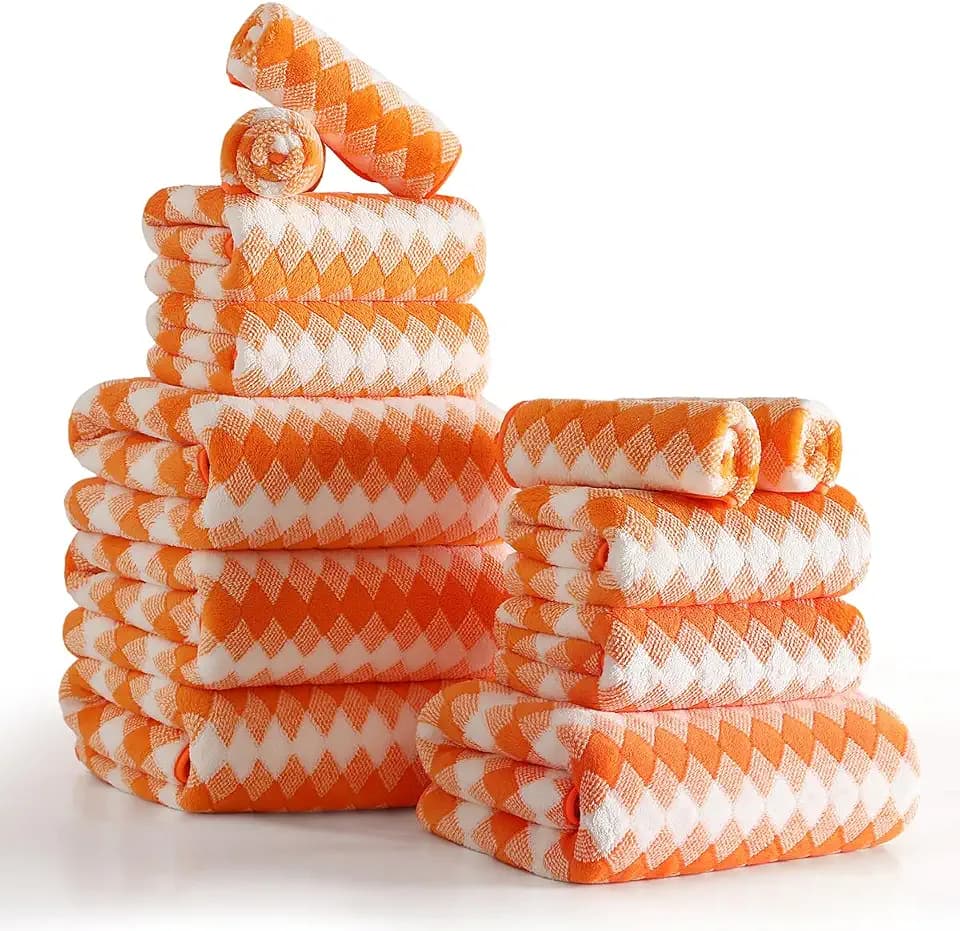 12 Pcs Orange White Diamond Towel Set-4 Bath Towels,4 Hand Towels,4 Washcloths Soft Polyester Towels with Loop Absorbent Shower Towel Quick Dry Beach Chair Towel Family Towels for Bathroom Gym Pool