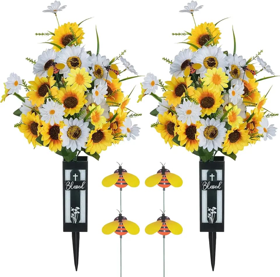 Artificial Cemetery Flowers for Grave: Sunflower with Vase, 2 Pcs