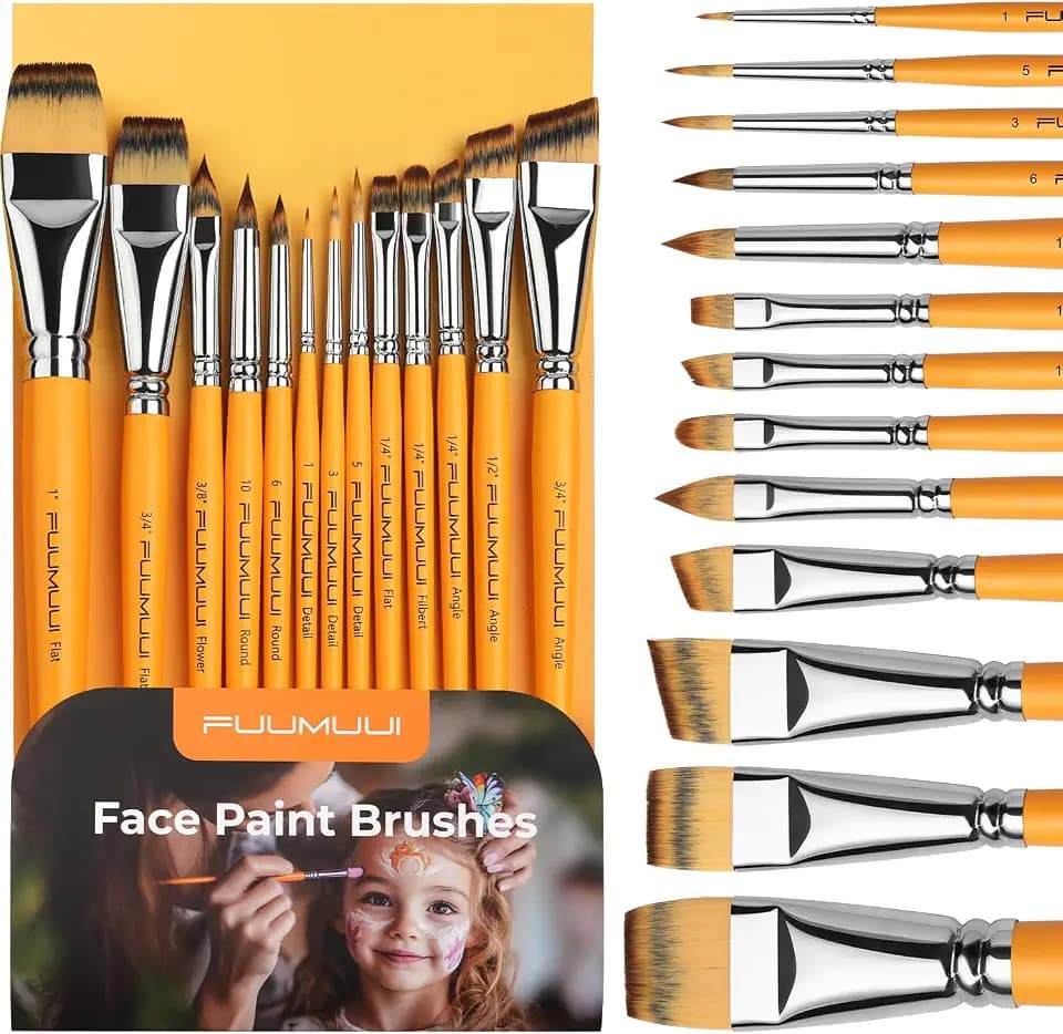 Face Painting Brushes, Fuumuui 13pcs Professional Synthetic Brushes for Face & Body Painting with Halloween, Cosplay, Costume & Theater - Acrylic Watercolor Oil Gouache