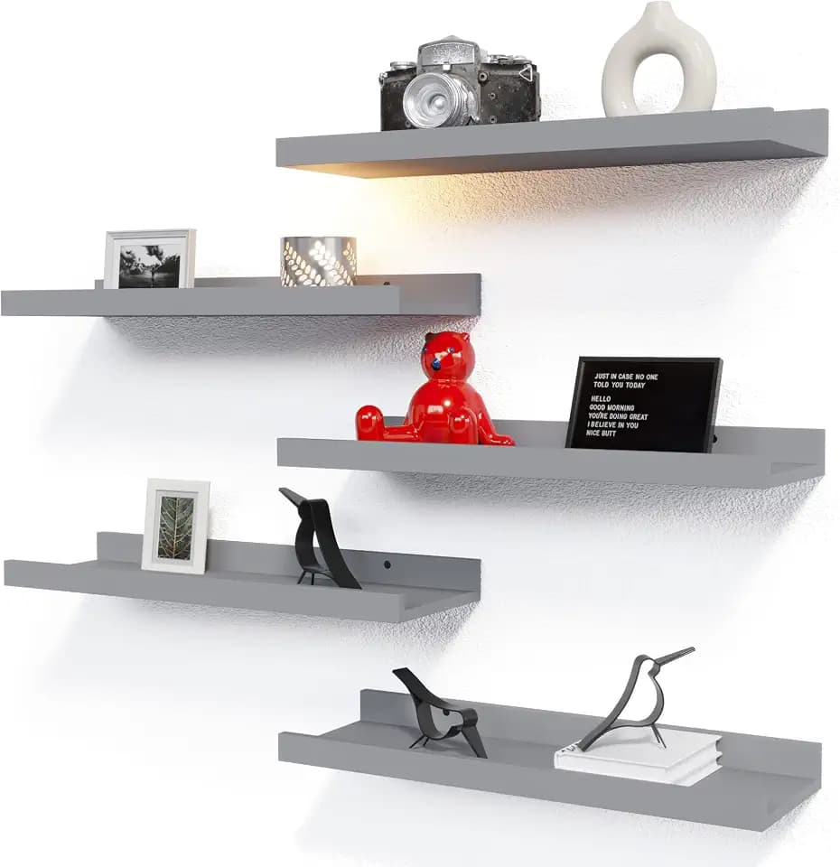 RICHER HOUSE 5-Set Floating Shelves with Lip, Grey Wall Mounted Wood Shelf
