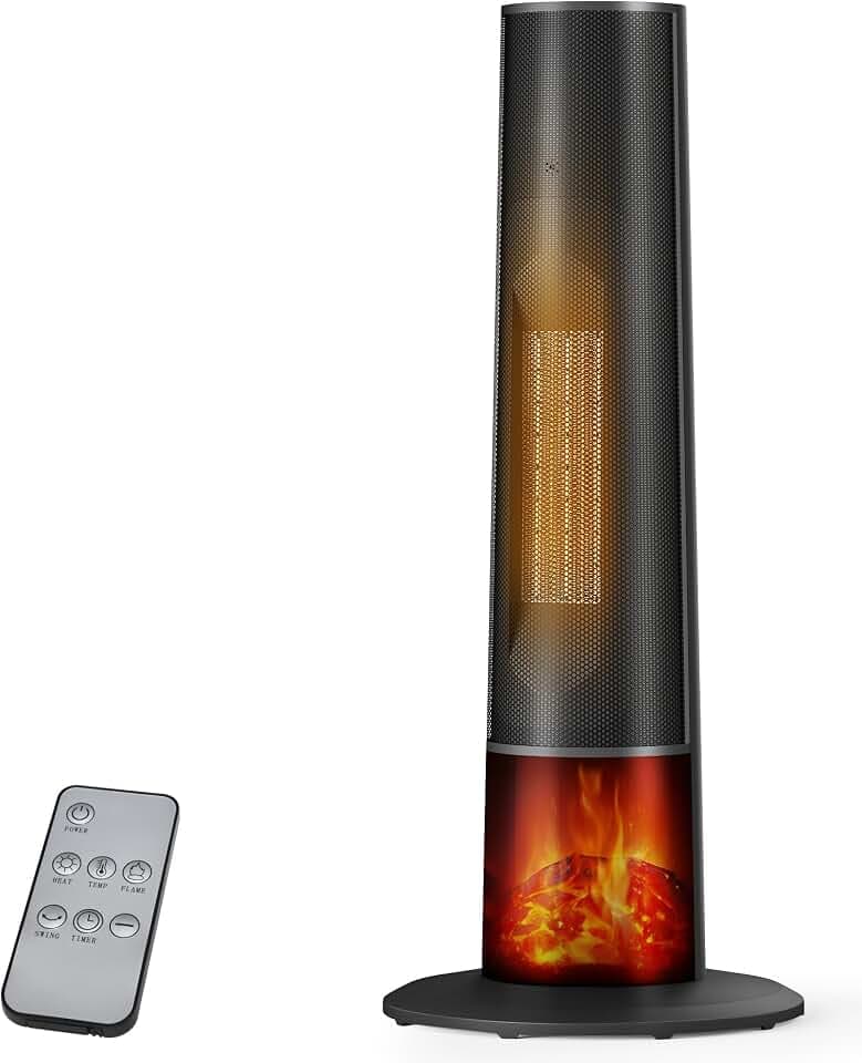 Tower Heater for Indoor Use - 25" Portable Space Heater with 3D Flame, Remote, Adjustable Thermostat, 2 Heat Modes, Multiple Safety Protection, 12H Timer, Quiet Electric Heater for Large Room