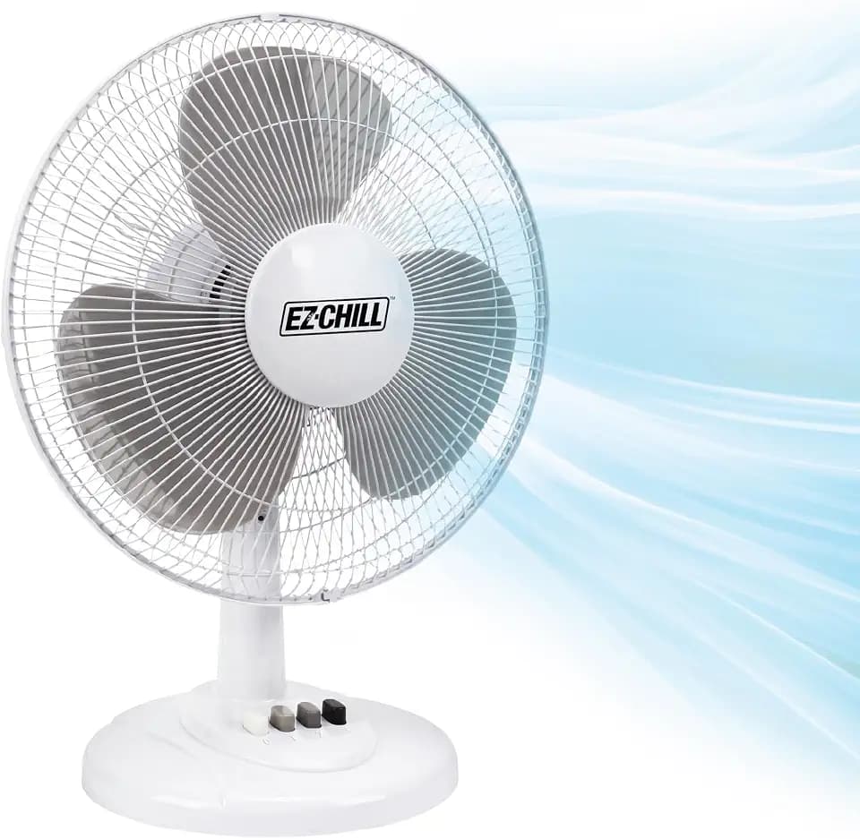 EZ-CHILL 16" 3-Speed Oscillating Table Fan for Home - White