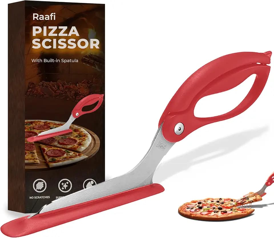 Pizza Scissors with Non Stick Slice Server. Sharp Pizza Cutting Without Topping Mess.Firm Grip, Food Grade Stainless Steel Pizza Cutter. Dishwasher Safe. 4 in 1 Kitchen Scissors
