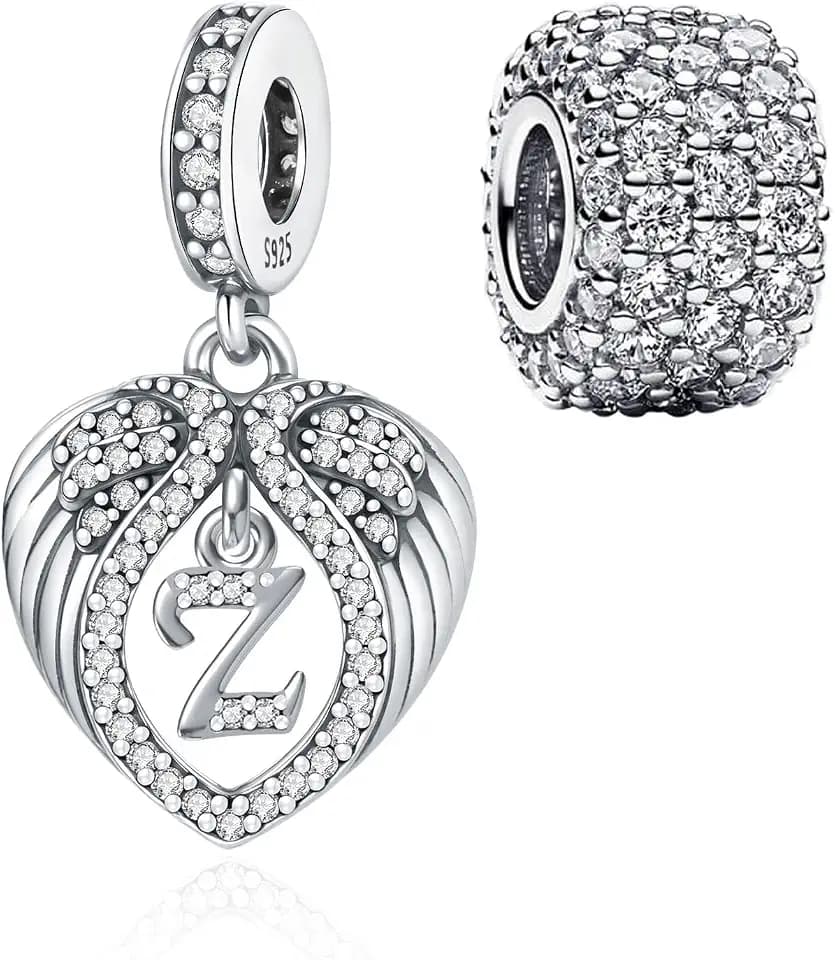 2Pcs 925 Sterling Silver Heart Wing Letter A-Z Charms for Pandora Bracelets