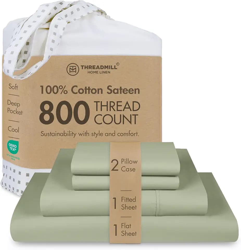 Threadmill 800TC Cotton Queen Sheet Set, Sateen, Solid, Sage Green, 4-Piece