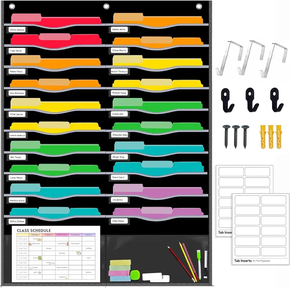 ALSLEA 22 Pockets Hanging Wall File Organizer for Legal/ Letter Size Paper, Over the Door Organizer, 31¾" x 45½" Pocket Chart for Classroom, Office, Warehouse, Home Use with 24 Name Tags & 6 Hooks