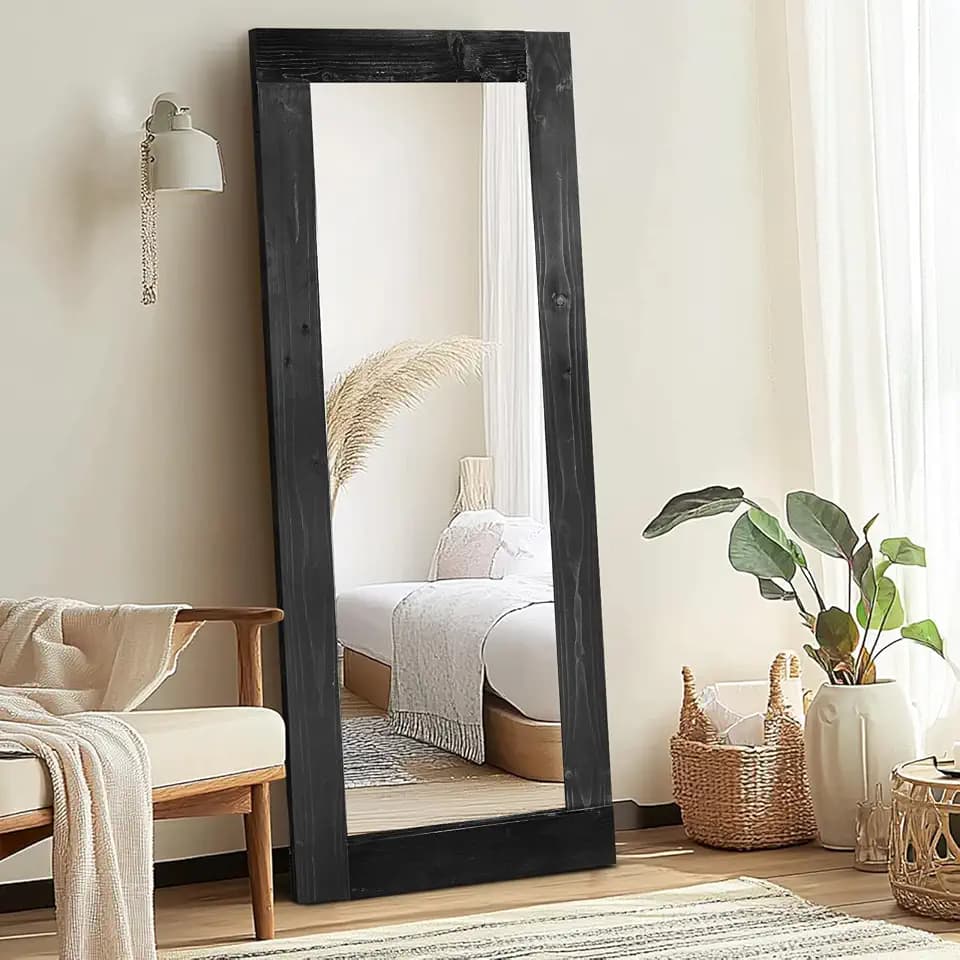 58x24in Full Length Mirror, Solid Wood Convex Frame, Black