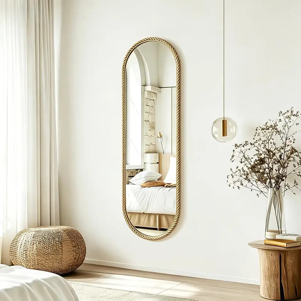 Gold Oval Full Length Mirror, 16"x48" Hanging Wall Mirror with Antique Gold Braided Metal Cord Frame, Modern Distressed Wall Decor for Bedroom, Living Room, Entryway