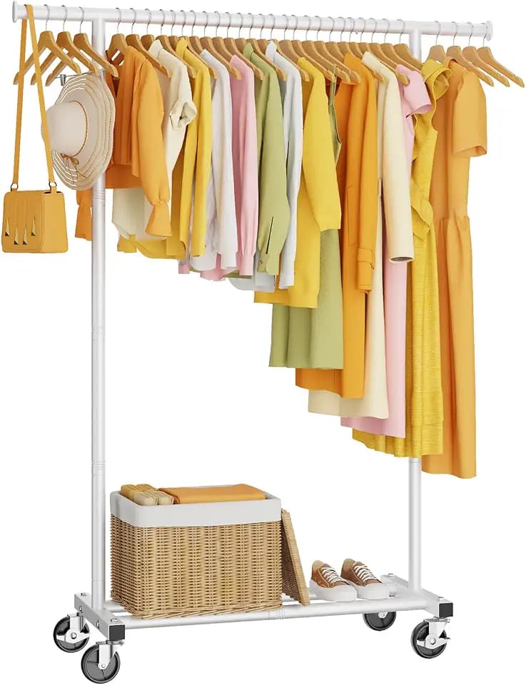HYSEYY Clothes Rack, Clothing Rack for Hanging Clothes, Rolling Garment Rack Sturdy Coat Rack Portable Wardrobe Rack Metal Closet Rack for Bedroom Laundry Living Room, White