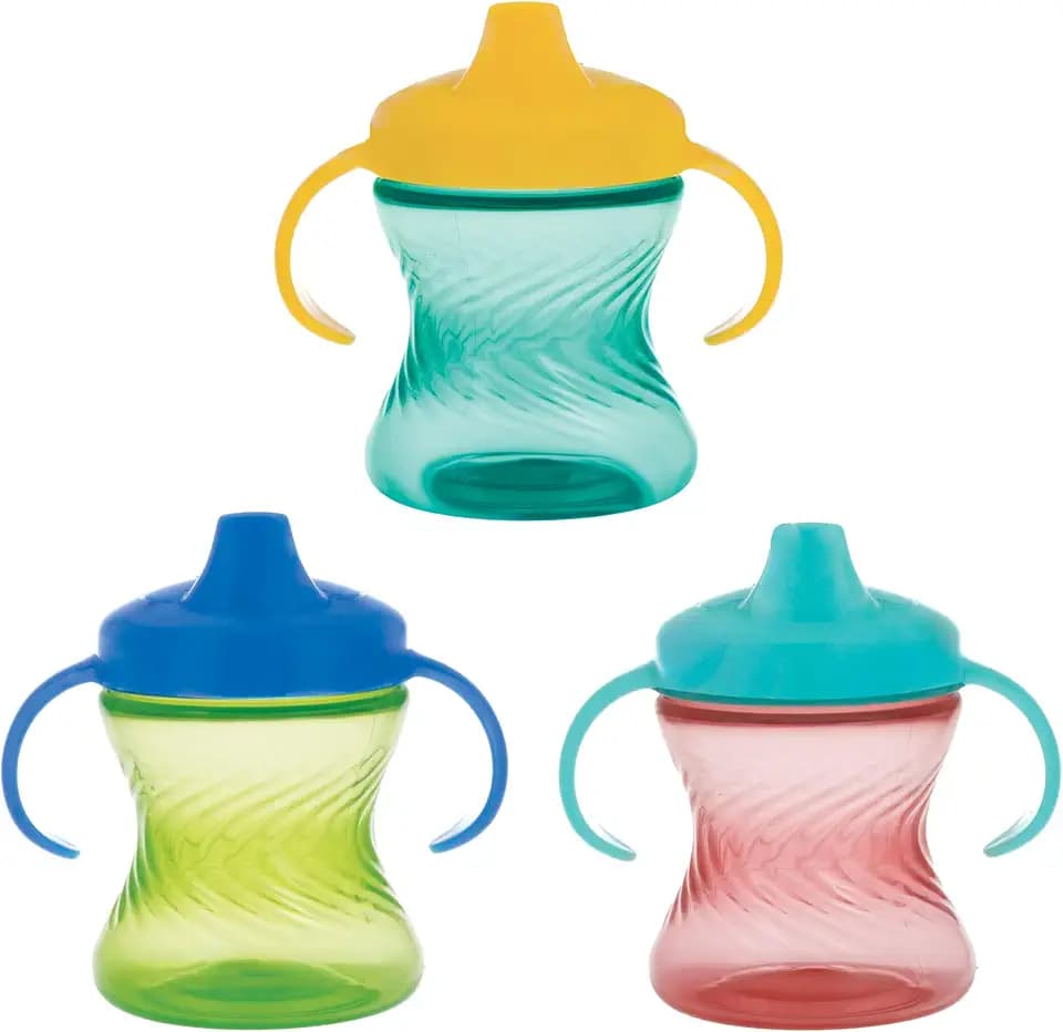 Nuby 2-Handle No-Spill Hard Spout Sippy Cup with Easy Grip - (3-Pack) 7 oz - Baby Sippy Cup with Controlled Sipping for 6+ Months - Green/Aqua/Red