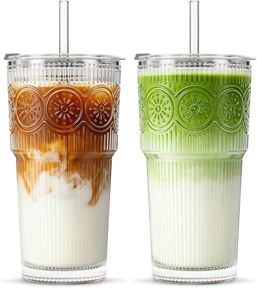 INSETLAN 20 oz Iced Coffee Cups with Lids and Straw, Set of 2 Glass Tumbler