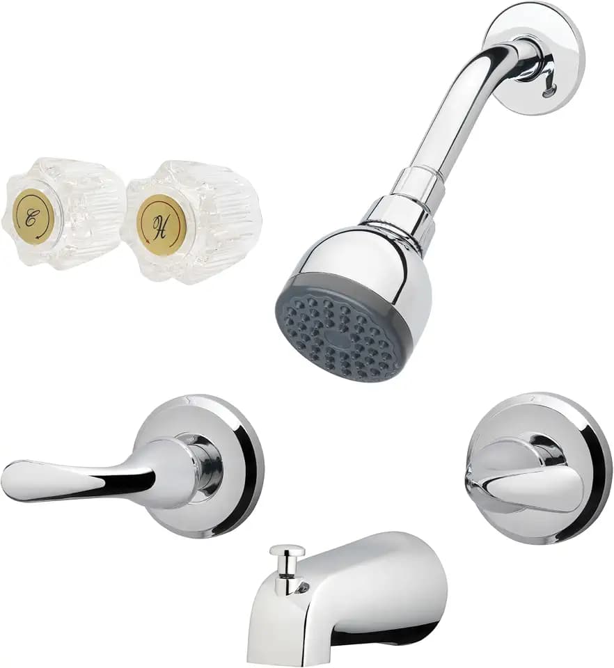 AquaVista 2-Handle Tub and Shower Faucet Set, Chrome Finish, Includes Showerhead, Tub Spout, Valve Trim & Optional Acrylic Handles, Residential Bathroom Bath/Shower Kit