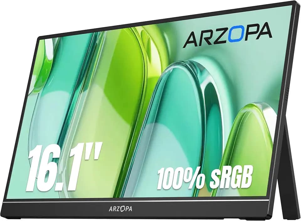 ARZOPA 16.1" Portable Monitor, 1920×1080 FHD IPS 100% sRGB Tragbarer Monitor für Laptop mit Einzelstange, Unterstützt HDMI/Typ-C/USB-C, Augenschutz-Gaming-Bildschirm für Laptop/PC/Mac/PS3/4/5/Xbox