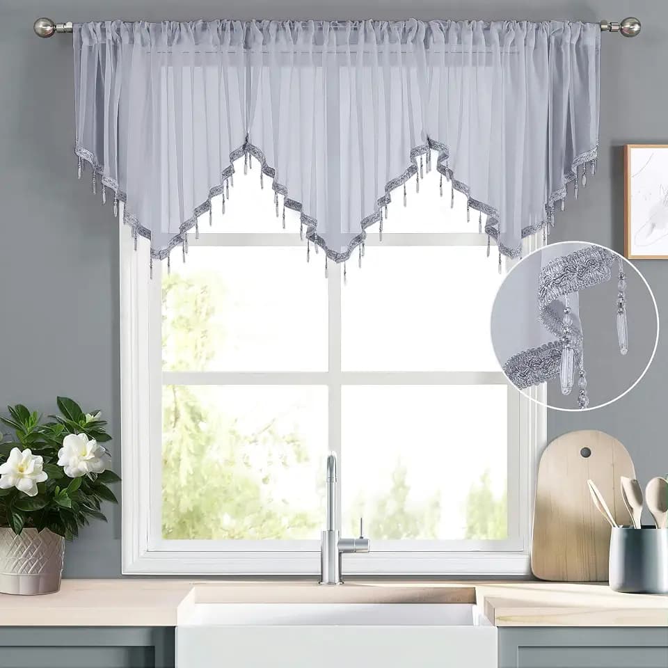 WUBODTI Grey Sheer Beaded Valance Curtains for Windows, Boho Bead Tassels Voile Kitchen Swag Curtain Triangle Sheer Valances Window Valances for Bedroom Living Room Bathroom,3PCs, Each W51 x L24