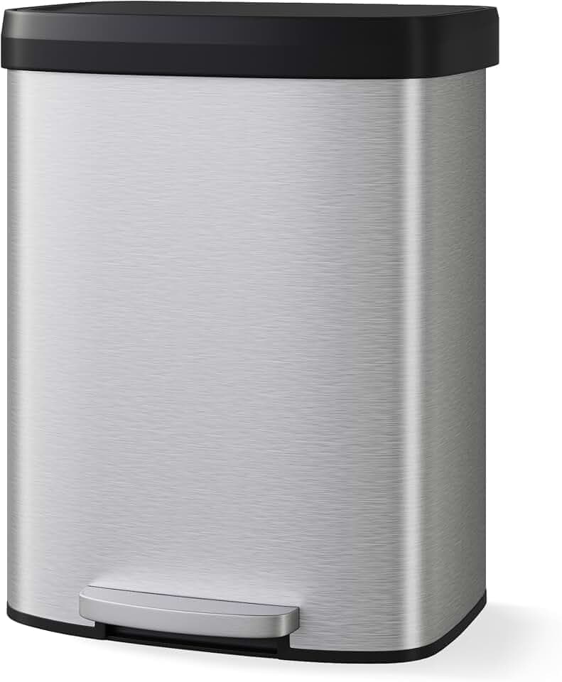 Garvee 16 gal / 60 L Stainless Steel Trash Can with Lid, Large Garbage Can for Kitchen, Rustproof Step-on Kitchen Metal Trash Bin with Liner Rim, Rear Handle, Soft Close Plastic Lid, Silver