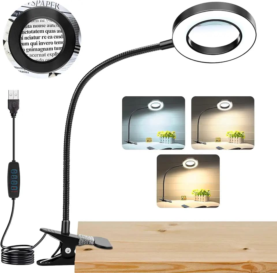 10X Magnifying Glass with Light and Stand,Hands Free Clip on Magnifier Lamp
