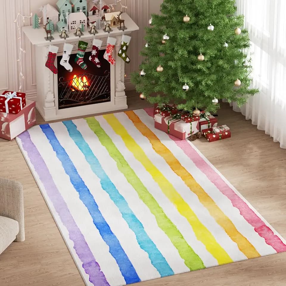 4x6 Rainbow Rug for Bedroom,Washable Area Rug for Living Room Non Slip, Soft Low-Pile Nursery Carpet for Kids Room Dorm Dining Room