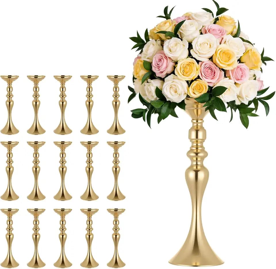 VEVOR 16PCS Metal Wedding Centerpiece 15”,Crystal Wedding Flower Stand, Gold Flower Holders for Tables, Wedding Dinner Party and Ceremony Decor