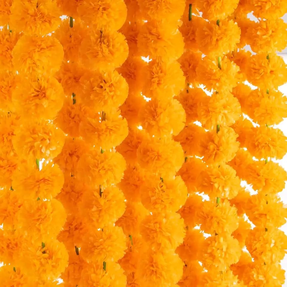 Artificial Marigold Garland for Decoration – 5 Pcs Artificial Genda Phool Strings | 4.5 Ft Long Handmade Orange Yellow Marigold Flowers | Toran for Pooja, Wedding, Diwali, Festival Décor (Yellow)