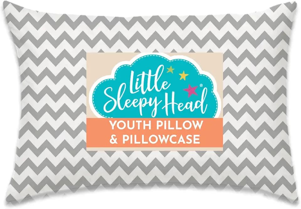Little Sleepy Head Youth Pillow 16x22 with Hypoallergenic Cotton Pillow case Youth Pillows for Sleeping Age 5-10 - Snugly Designed Youth Neck Pillows for Travel, School and Bedtime - (Chevron Gray)