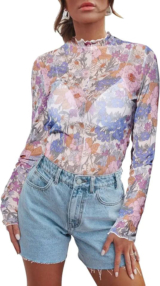 Women's Sheer Floral Long Sleeve Layering Top Ruffled Mock Neck Sheer Blouse for Casual Brunch Party Club Night Date Outfits