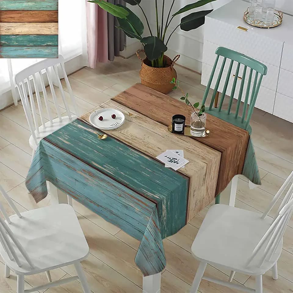 Teal Rustic Tablecloth Waterproof For Square/Round/Rectangle Table Cloth 54x54 In Washable Polyester Tablecovers,Farmhouse Retro Turquoise Green Brown Table Cover For Baby Shower Baptism Buffet Party