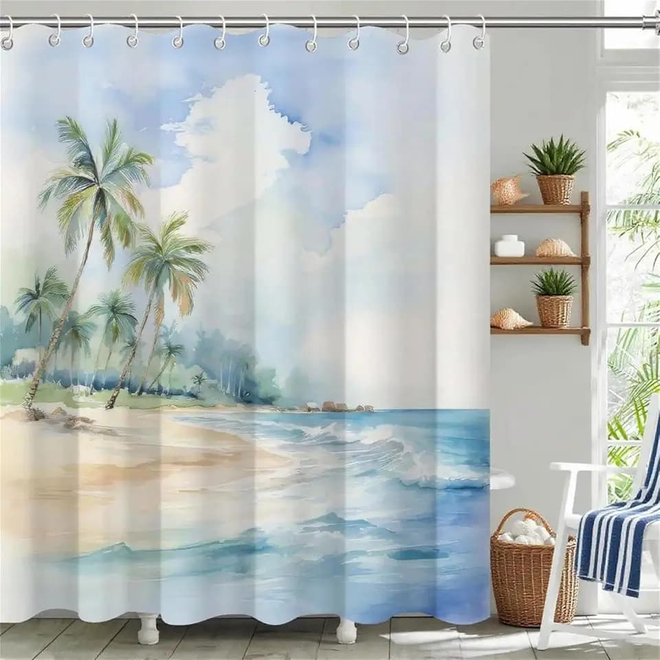Beach Watercolor Palm Tree Ocean Coastal Shower Curtain 72x72 Inches