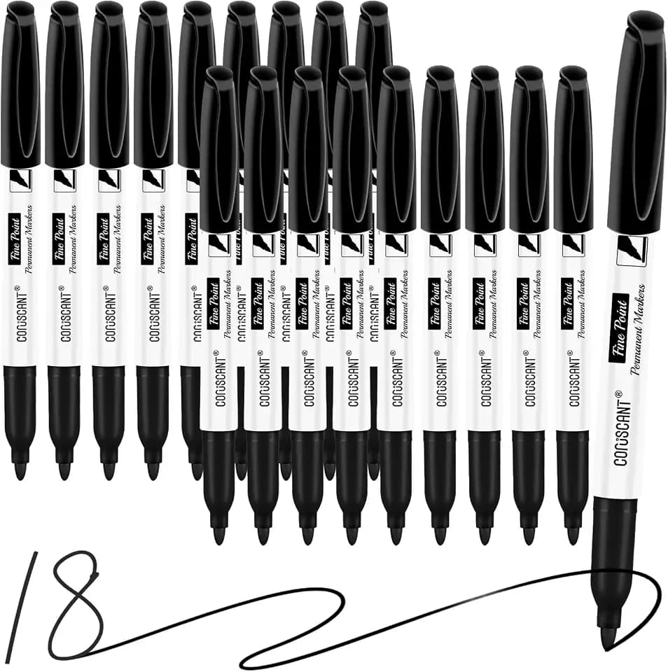 coruscant Pack Black Permanent Markers, Quick Drying Waterproof Fine Tip Markers for Writing & Labeling on Plastic, Wood, Glass, Office School