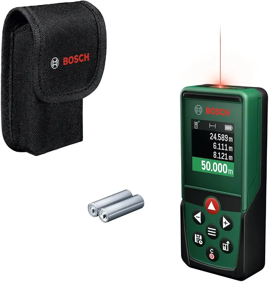 Bosch Laser-Entfernungsmesser PLM50-23 (misst bis zu 50 m, integrierte Funktionen für Länge, Fläche und Volumen, hochwertiges Farbdisplay, 10 Speicherplätze)