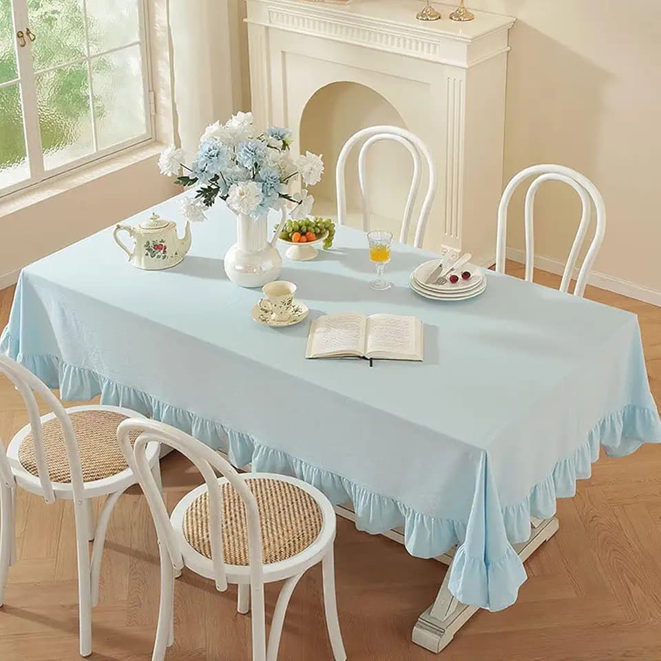 Solid Color Ruffled Tablecloth Cotton Rectangle Square Dining Table Cover