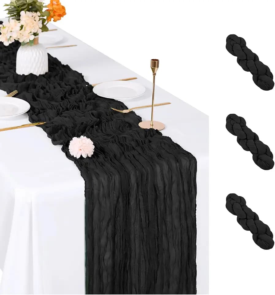 3 Pack Black Cheesecloth Table Runner, 17 x 108 inch, Semi Sheer Boho Cheese Cloth Fabric Table Runner Bulk for Wedding, Birthday, Party, Holiday, Home Decor (Black)