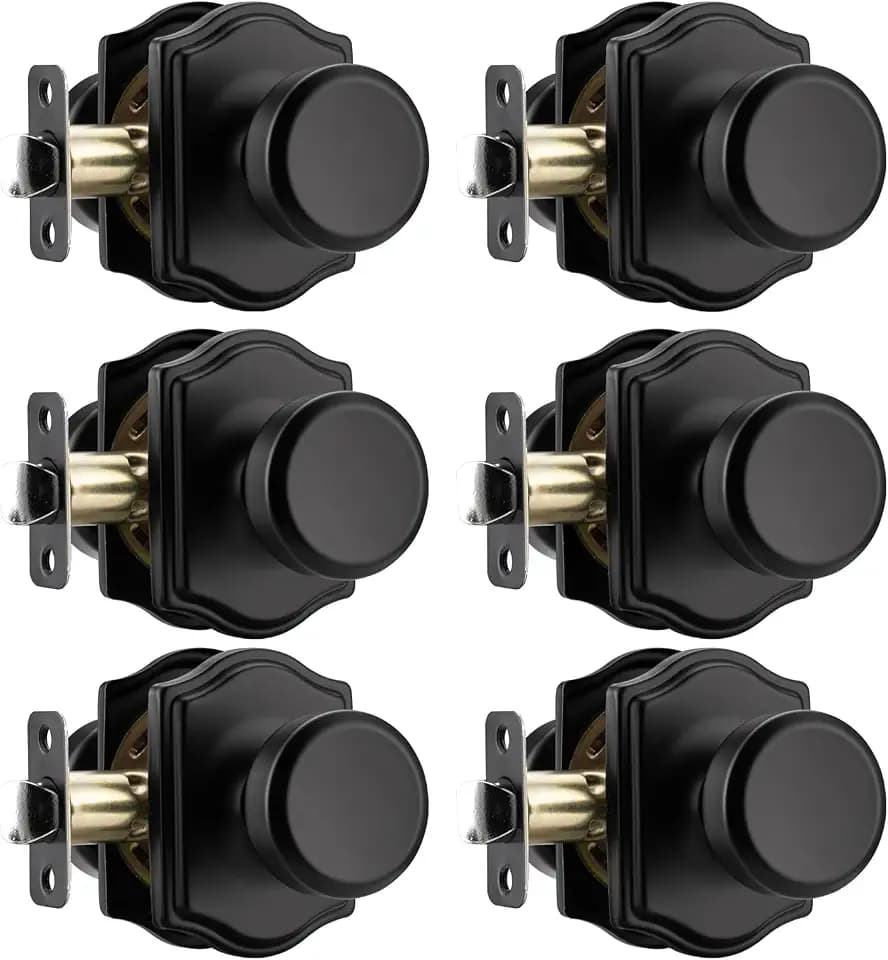 6 Pack Black Door Knobs with Camelot Trim, Interior Door Knob for Closet