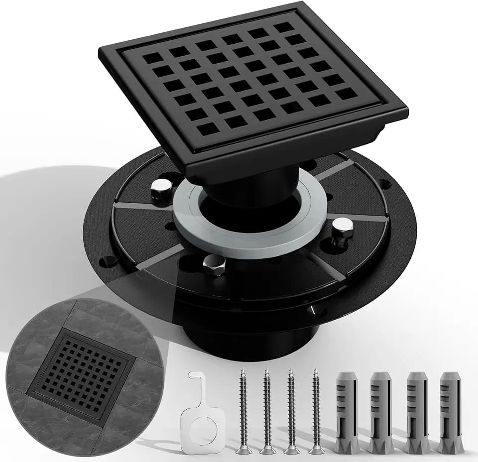 4 Inch Square Shower Drain with Flanged Base, Matte Black SUS 304 Stainless Steel, Shower Floor Drain for Modern Bathroom